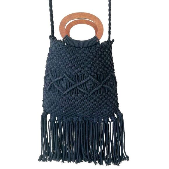 Danielle Nicole Macrame Handbag Black Fringe - Picture 1 of 15
